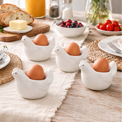 Set de 4 Hueveras de Cerámica Gallina Blanca | Porta Huevos para Desayunos Saludables y Bonitos
