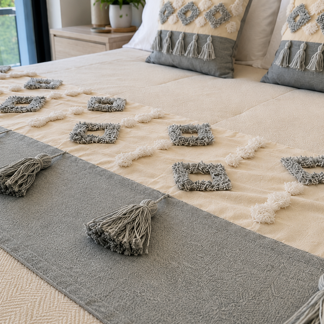 Set piecera boho gris borla 210x60cms + 2 fundas cojín y 45x45cms