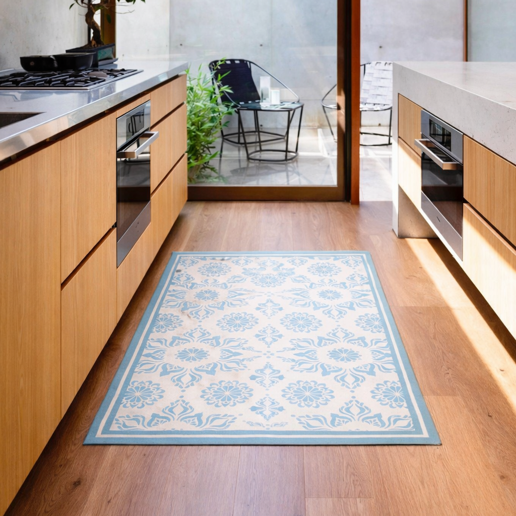 Alfombra Vinílica Flor Hindú Turquesa Menta 100X70cms