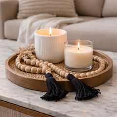 Cuentas Madera Natural Con Borlas De Algodón Negro
