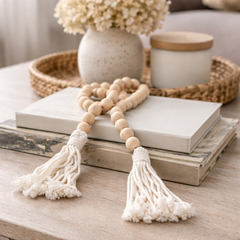 Cuentas Madera Natural Con Borlas De Algodón Crudo