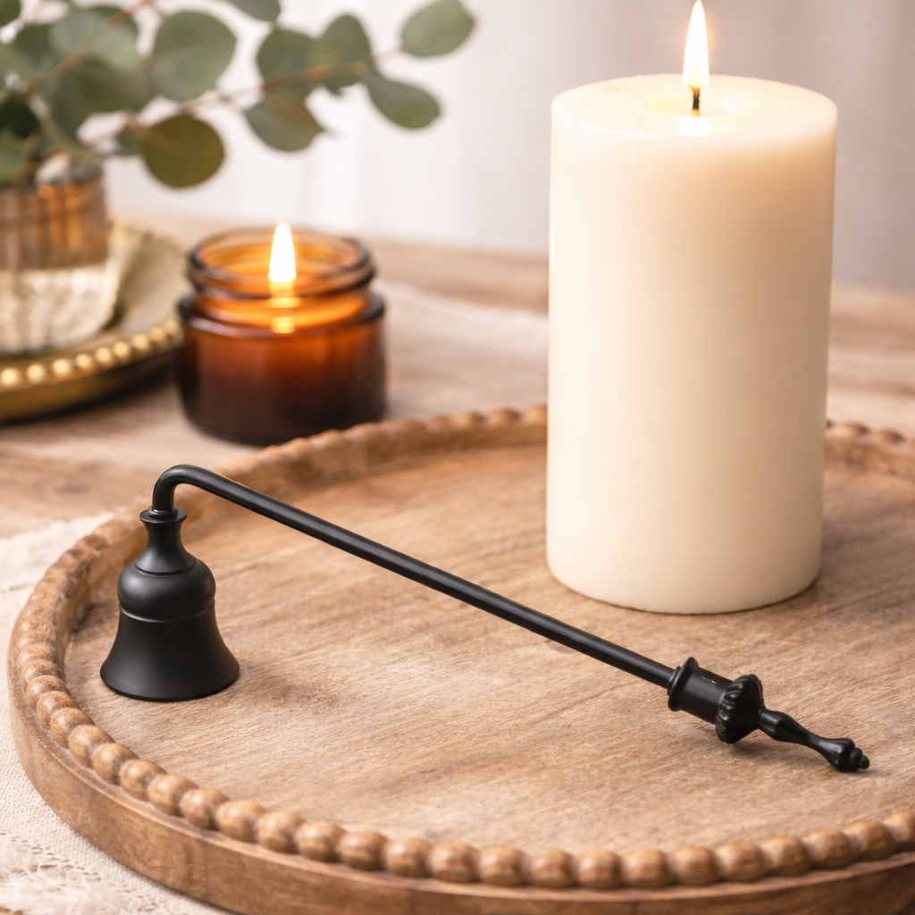 Vela grande artesanal decorativa 4 mechas 18x5 cm + Apaga velas metálico de regalo