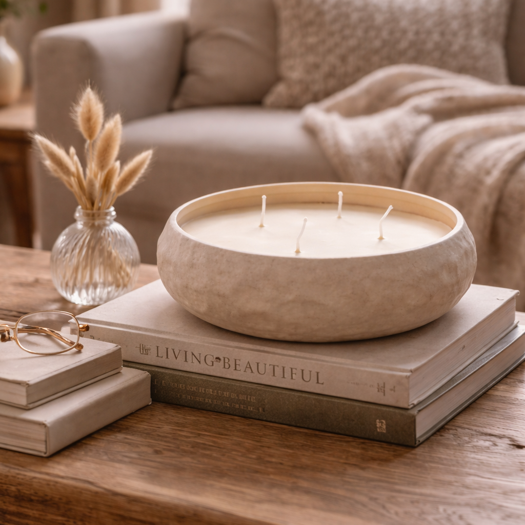 Vela grande artesanal decorativa 4 mechas 18x5 cm + Apaga velas metálico de regalo