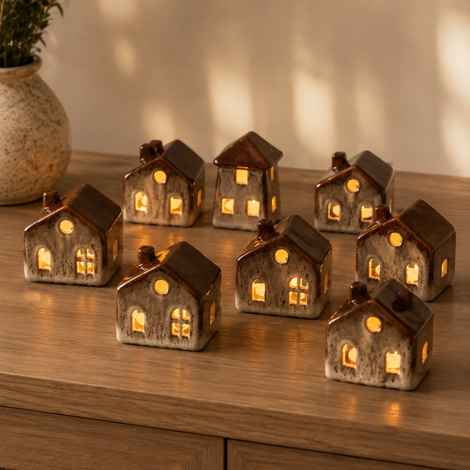 Set de 8 Casitas de Cerámica con Luz LED (Compra 6 y recibe 2 de regalo)