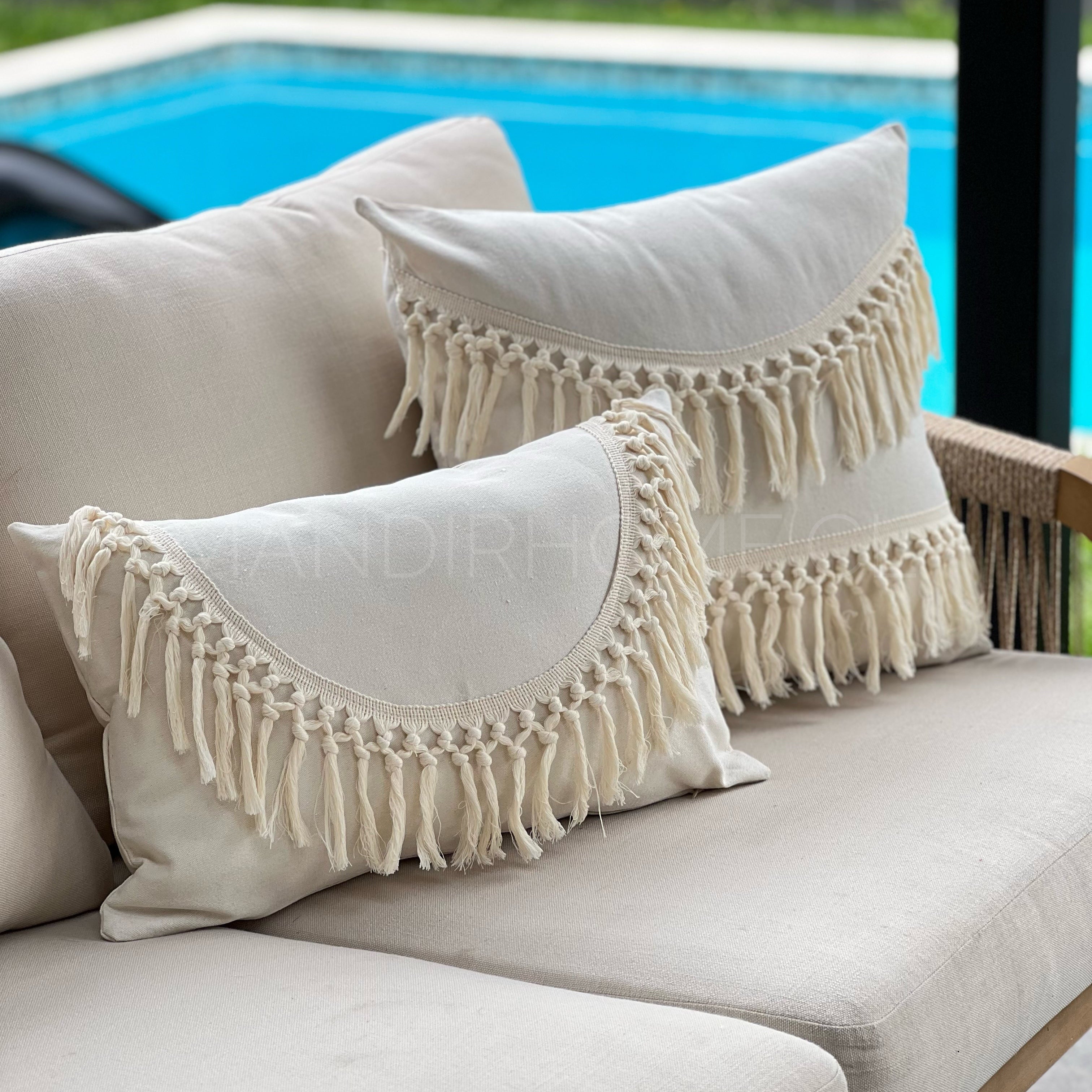 Funda Cojín Boho Tipo Macrame Crudo Curva Rectangular