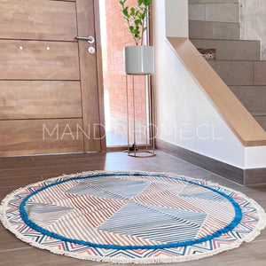 Alfombra Redonda Estampado Rayas Bordado Turquesa Kelim 120