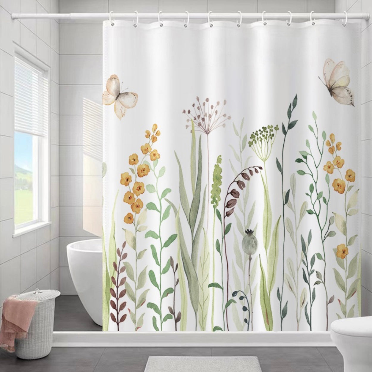 Cortina de baño / Jardín y Mariposas