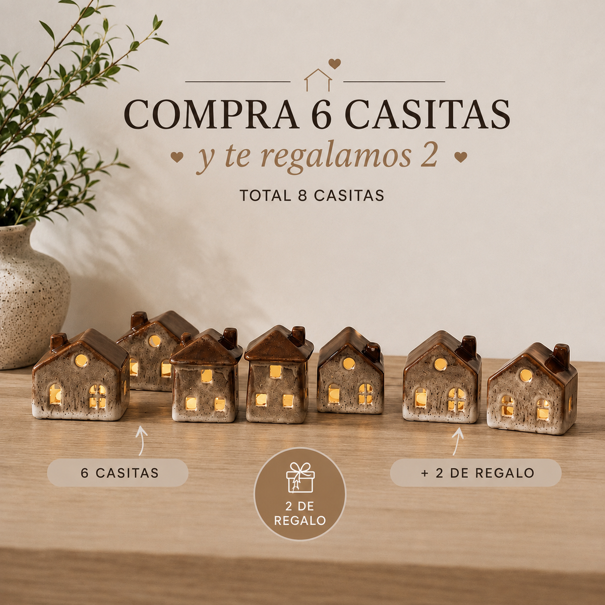 Set de 8 Casitas de Cerámica con Luz LED (Compra 6 y recibe 2 de regalo)