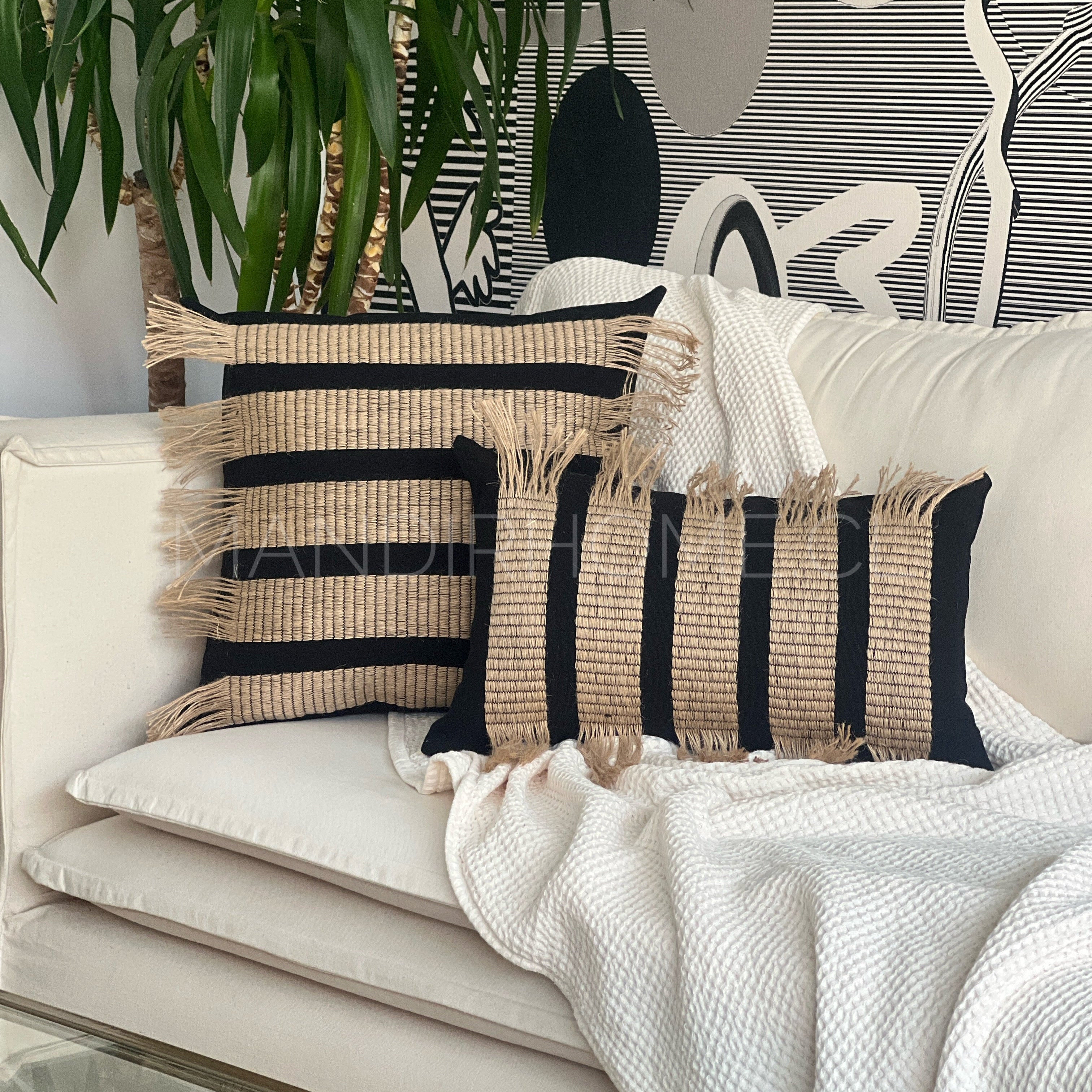 Funda Bohemia Franja Negro y Yute Rectangular