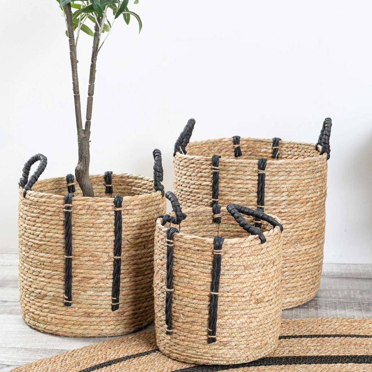 *Set 3 Canastos Redondo Yute Natural y Negro S, M y L.