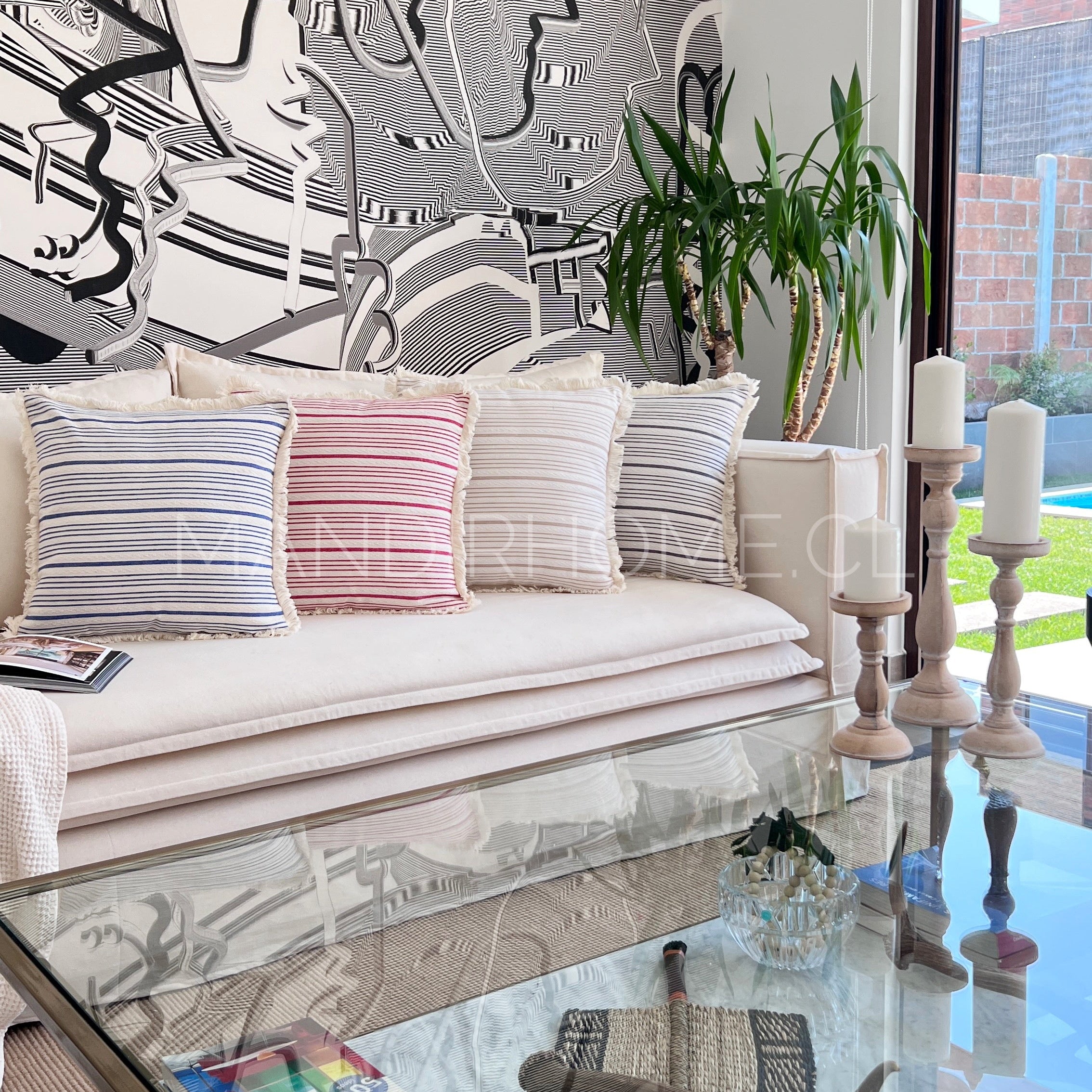 Funda de Cojín Natural Lino Listado Fleco Gris 45x45cms