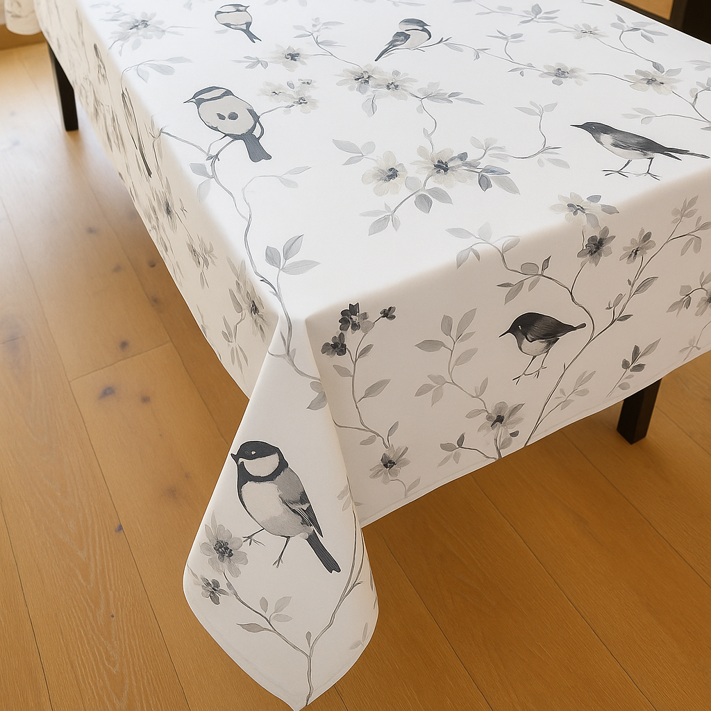 Mantel Rectangular Pajaritos Gris/ Repelente a Líquidos Resistente a Manchas 140x220 cms
