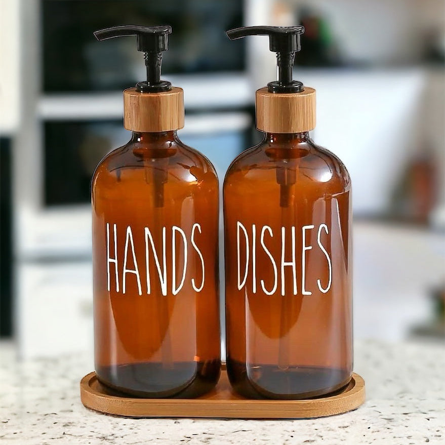 Set dispensador jabón y lavalozas ámbar + bandeja