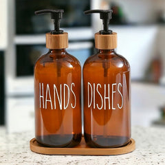 Set dispensador jabón y lavalozas ámbar + bandeja