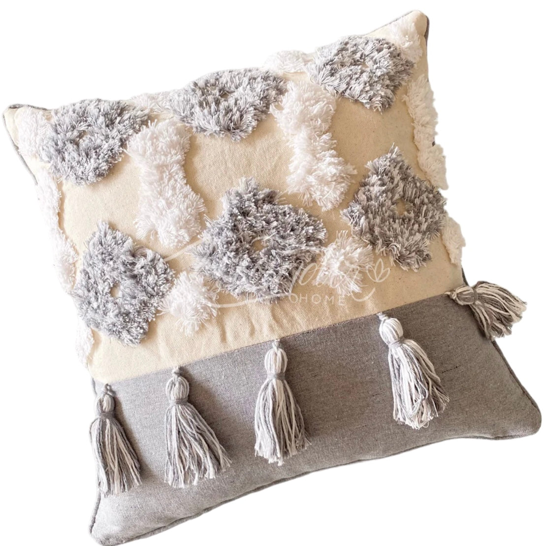 Funda de Cojín Boho Gris Borlas Cuadrada