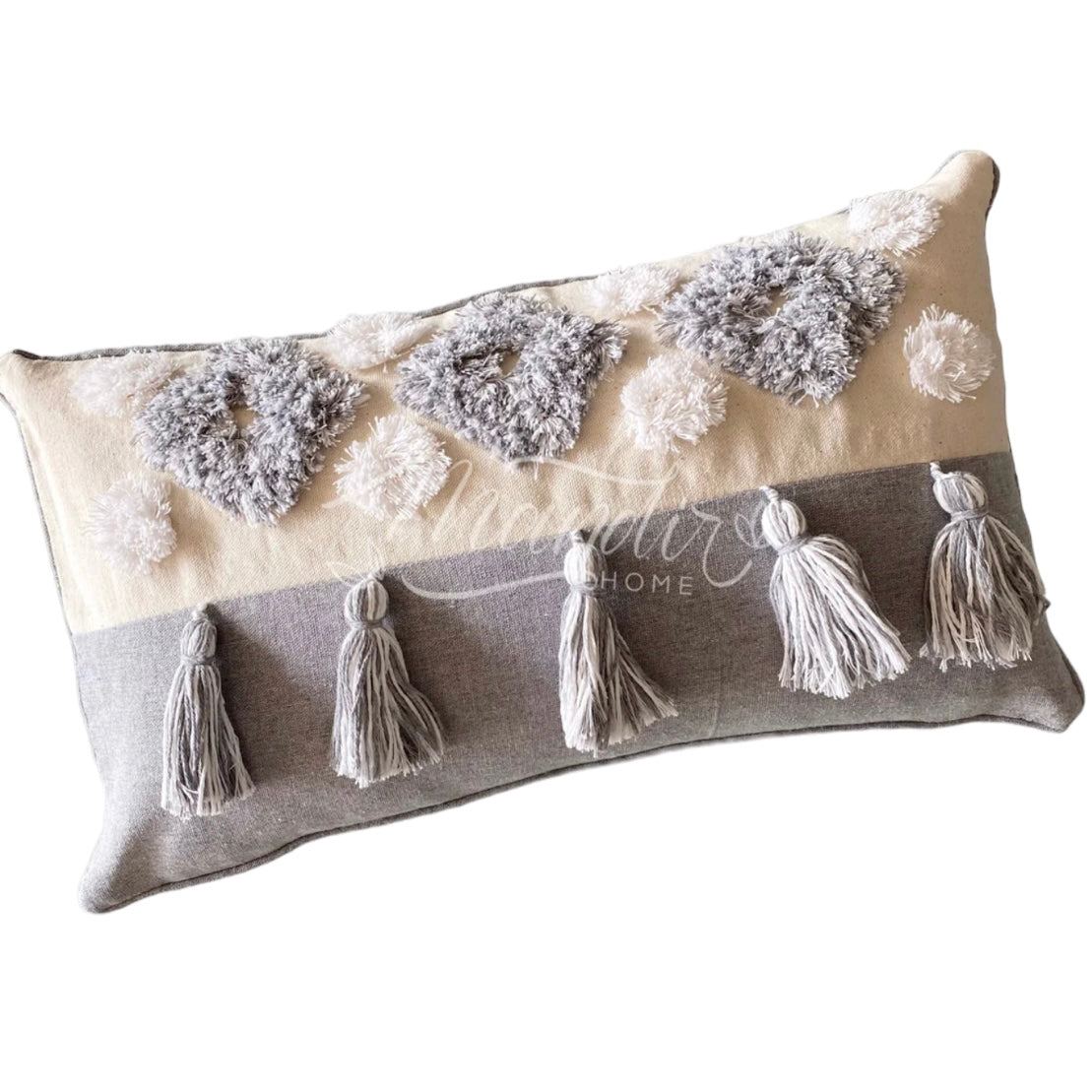 Funda de Cojín Boho Gris Borlas Rectangular