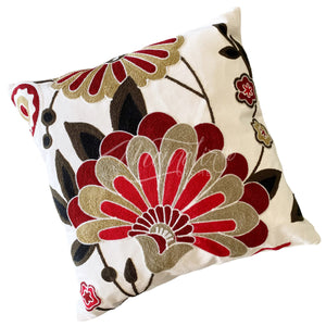 Funda de Cojín Bordado Flor Abanico Rojo Burdeo Beige Cuadrado