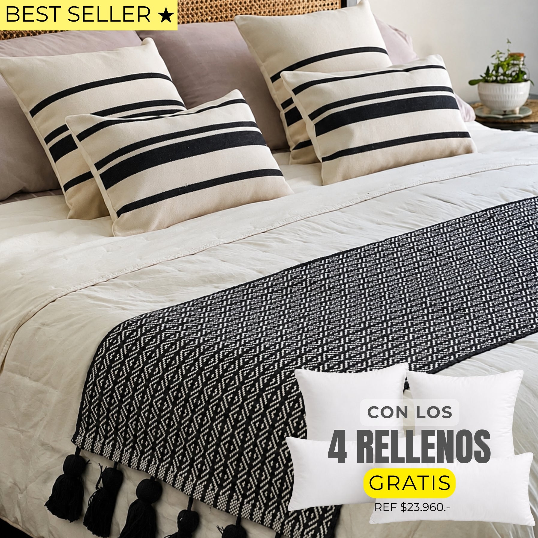 Set piecera negra borlas 210x70 + 4 cojines Marsella con rellenos gratis - Mandir Home