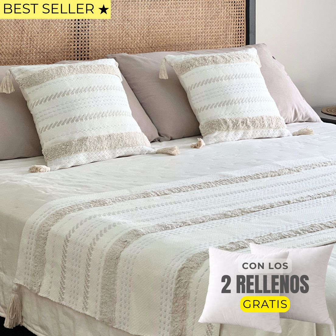 Set piecera líneal boho cruda 210x70 + 2 fundas de cojín 45x45 + rellenos gratis