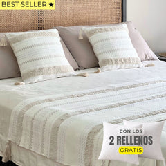 Set piecera líneal boho cruda 210x70 + 2 fundas de cojín 45x45 + rellenos gratis