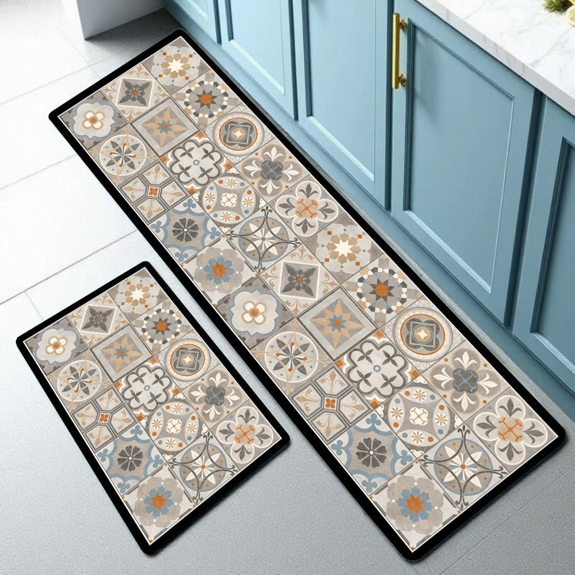 Set Alfombras de Cocina Mosaico Arena y agua Antideslizante y Absorbente | Anticharcos y Lavables
