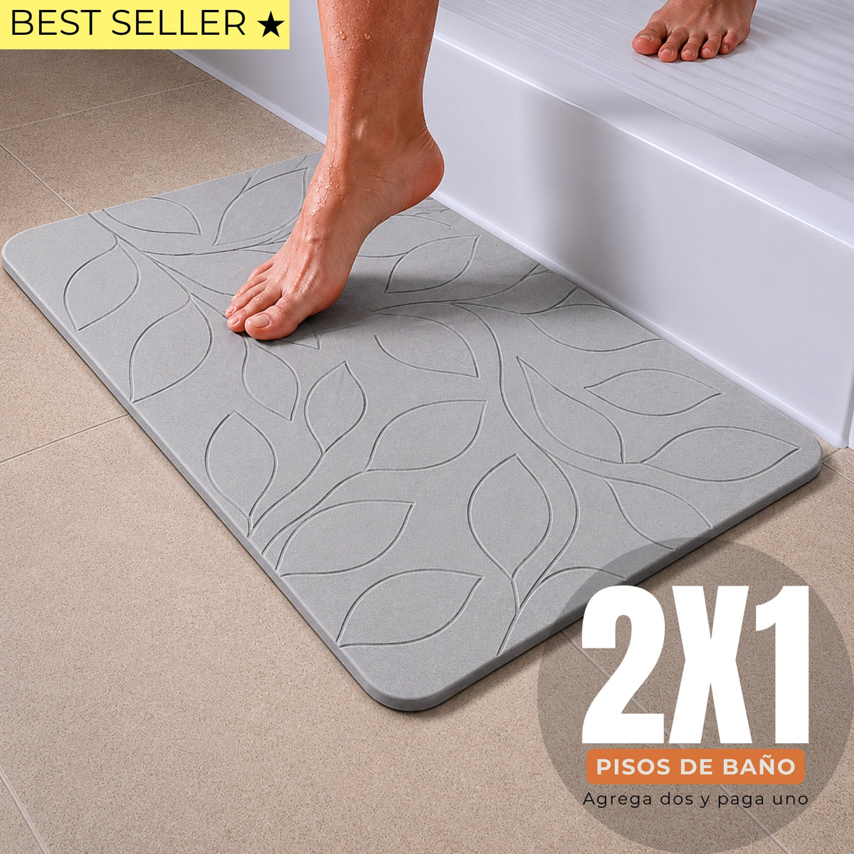 Alfombra de baño de diatomita Gris Hojitas secado rápido 60x40 cm | Antibacterial y original