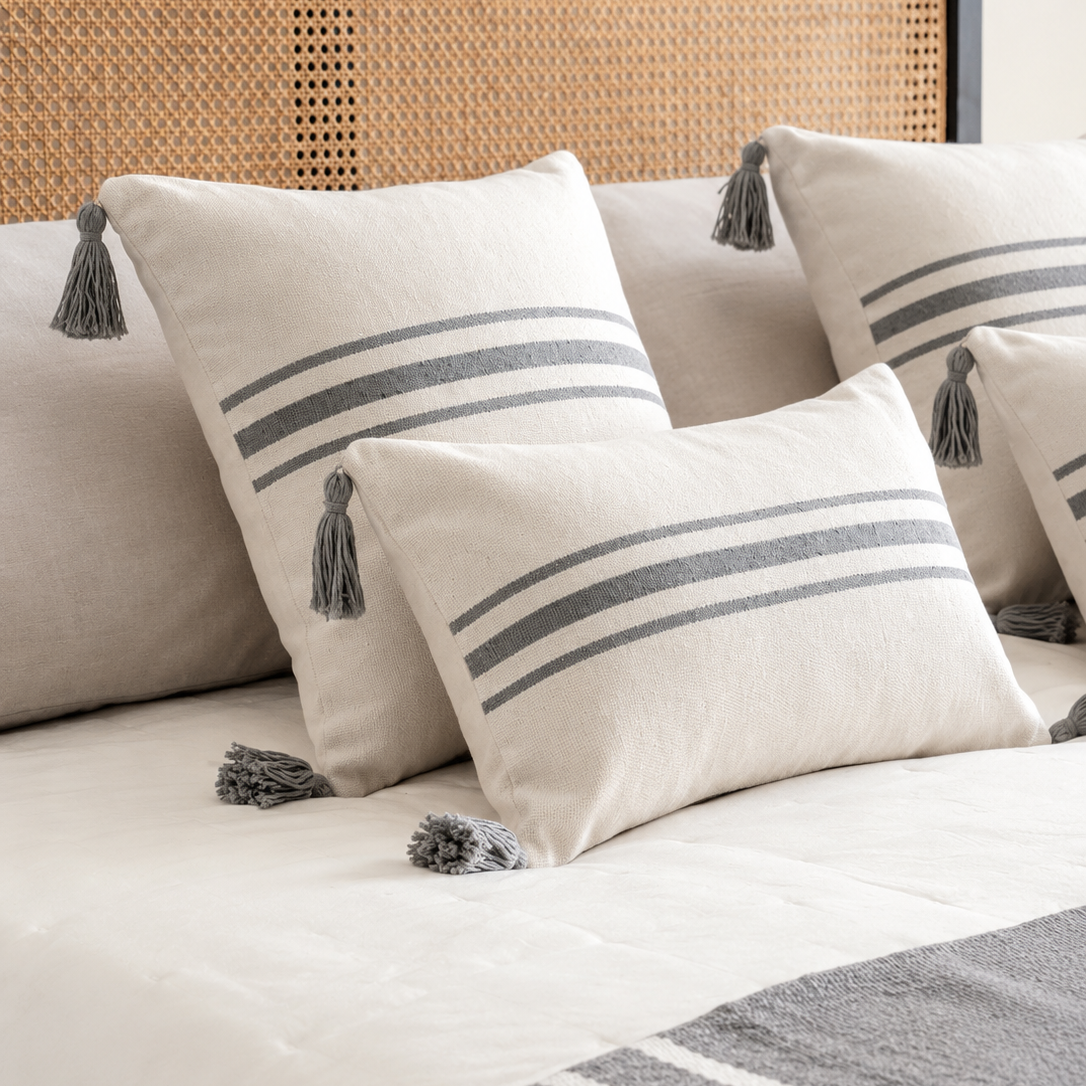 Cojines decorativos gris tipo lino para living o dormitorio