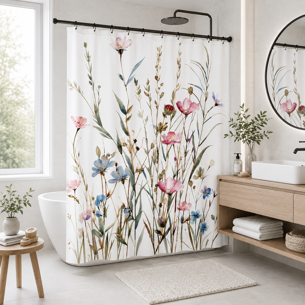 Cortina de baño flores  antimoho con tela impermeable y resistente al agu