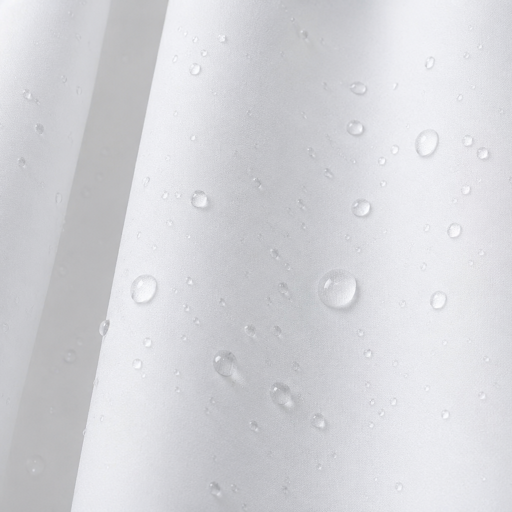 Cortina de baño blanca impermeable con tela repelente al agua y gotas visibles