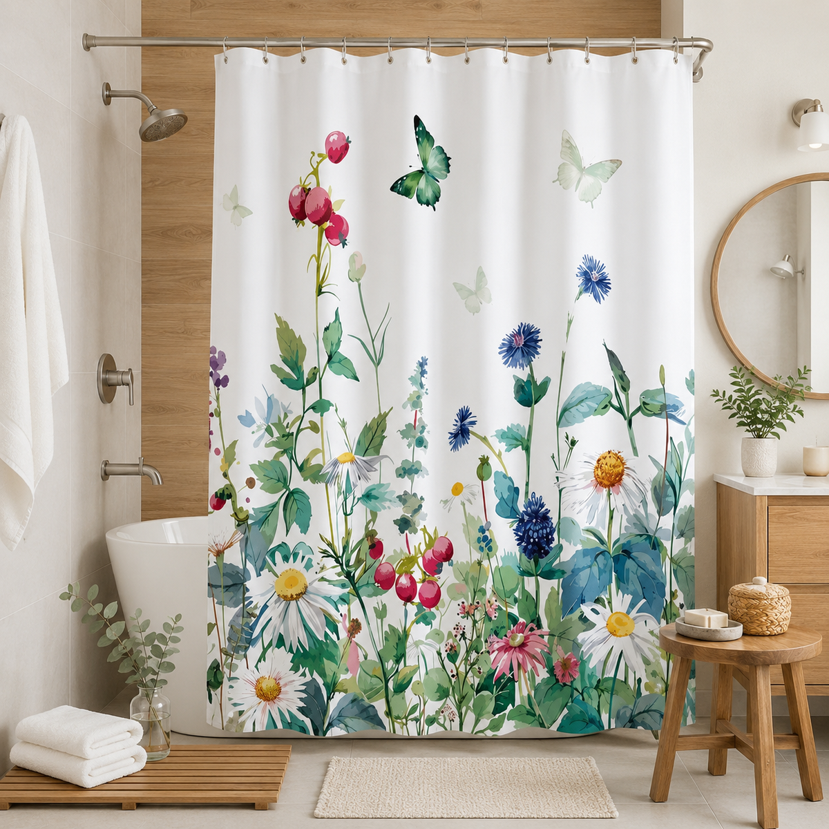 Tela de cortina de baño flores con efecto repelente al agua formando gotas