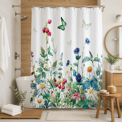 Tela de cortina de baño flores con efecto repelente al agua formando gotas