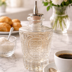 Dispensador de endulzante de vidrio vintage San Telmo sobre mesa de mármol con café y flores, estilo elegante y decorativo