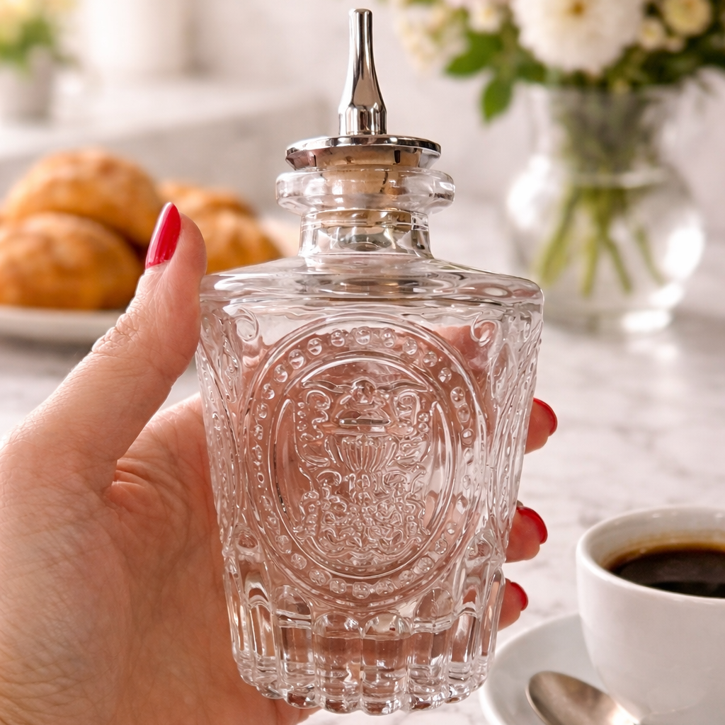 Dispensador de endulzante de vidrio vintage San Telmo sobre mesa de mármol con café y flores, estilo elegante y decorativo