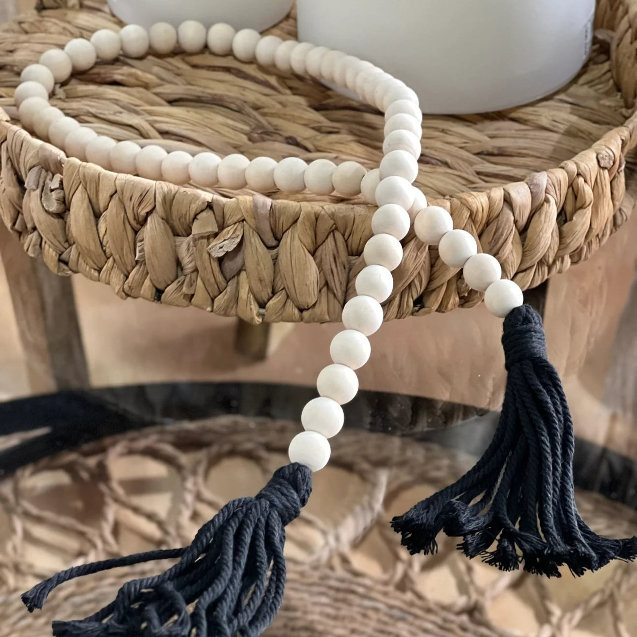 Cuentas Madera Natural Con Borlas De Algodón Negro