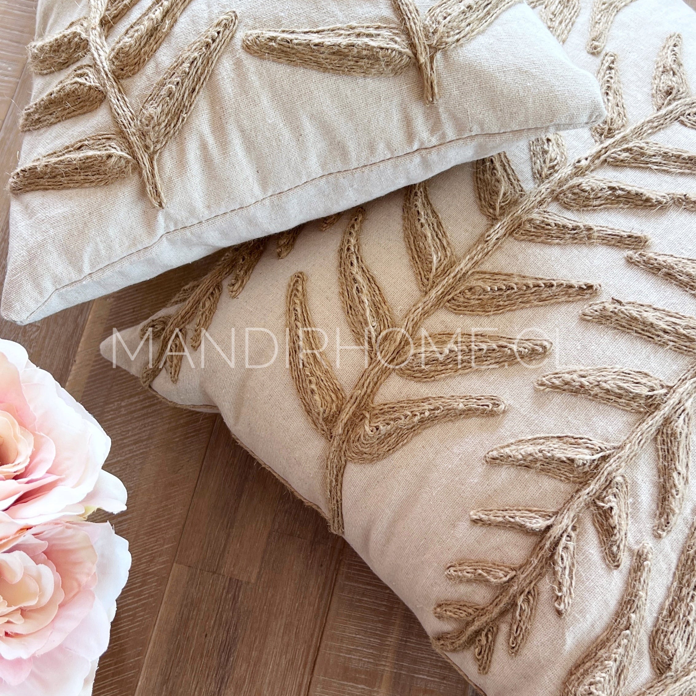 Funda de Cojín Natural Rústico Yute Hoja Alargada Cuadrada