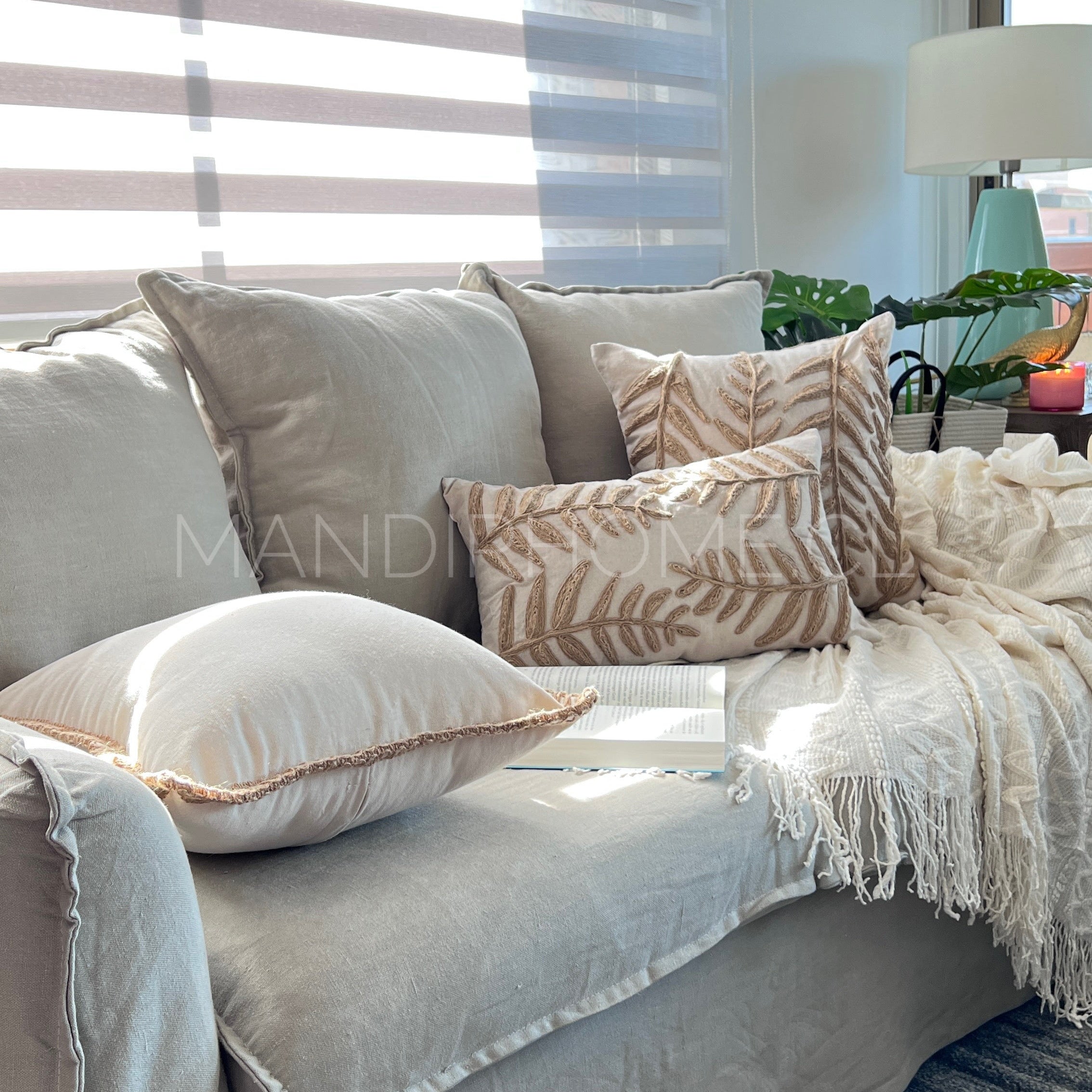 Funda de Cojín Natural Rústico Yute Hoja Alargada Cuadrada