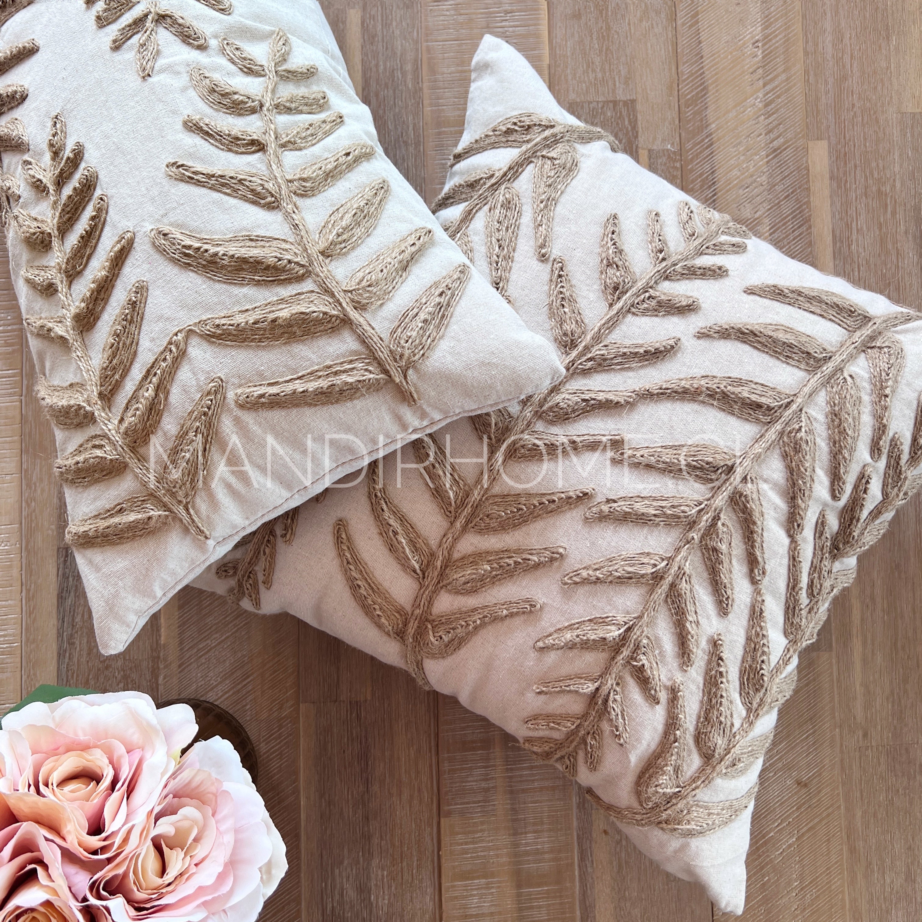 Funda de Cojín Natural Rústico Yute Hoja Alargada Cuadrada