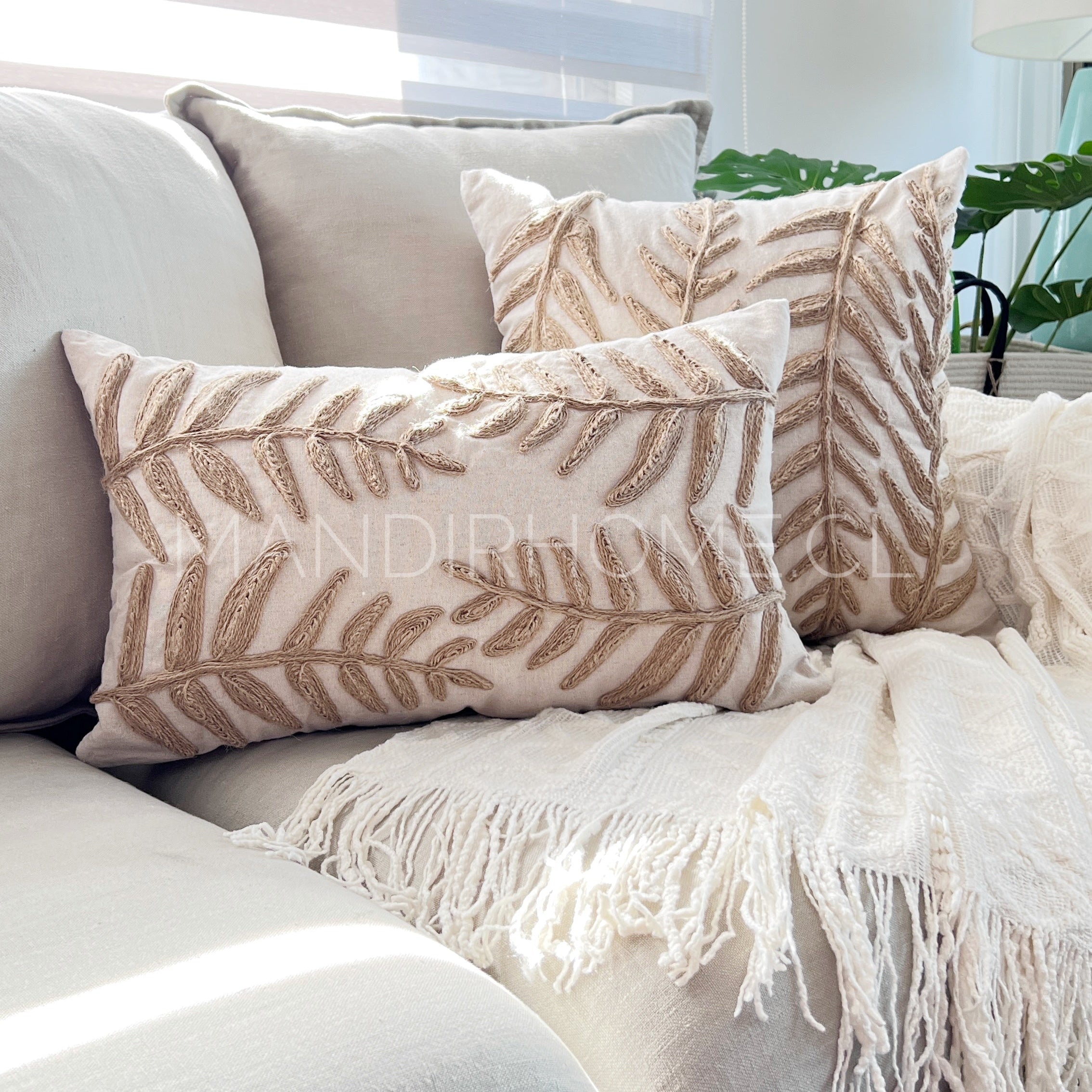 Funda de Cojín Natural Rústico Yute Hoja Alargada Cuadrada