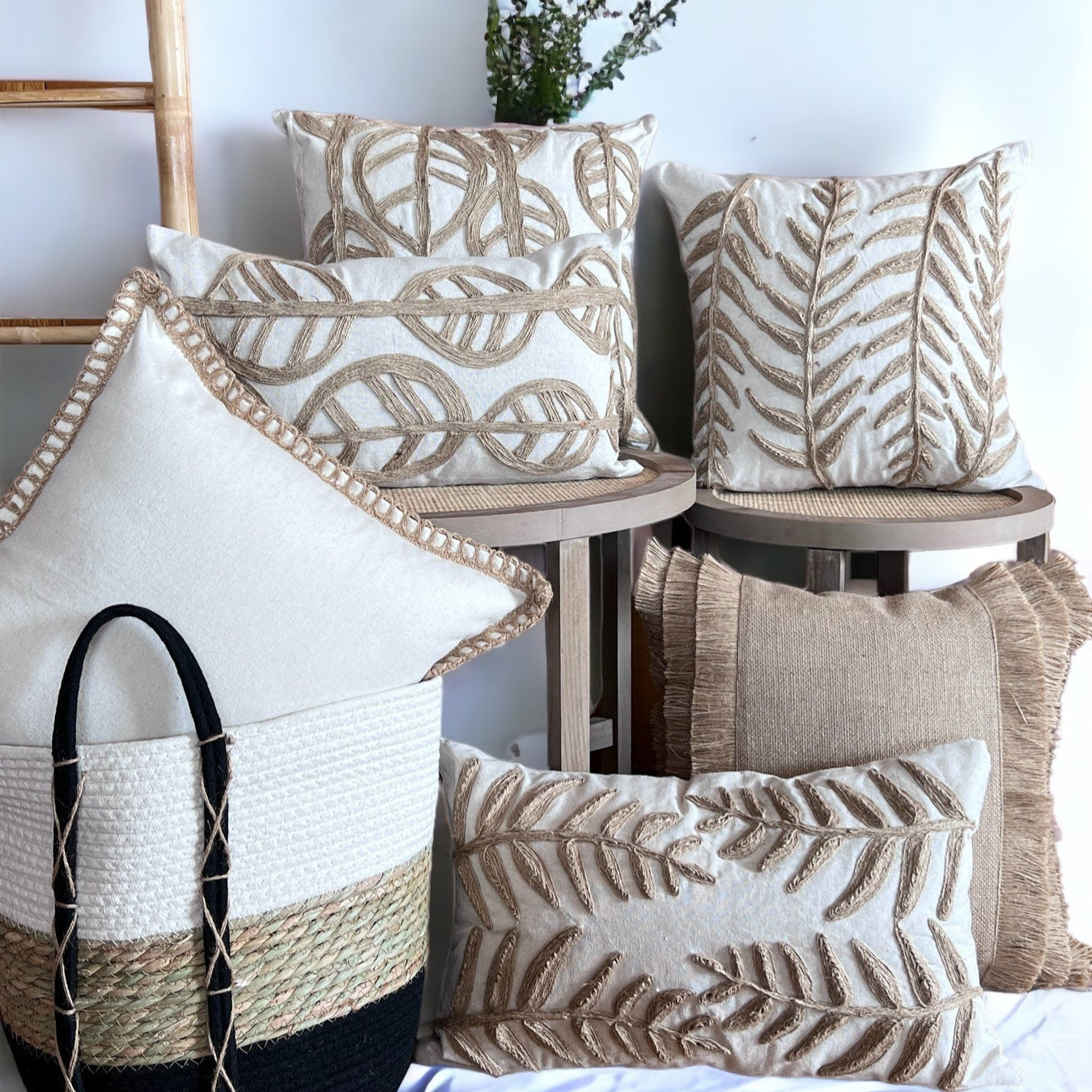 Funda de Cojín Natural Rústico Yute Hoja Alargada Cuadrada