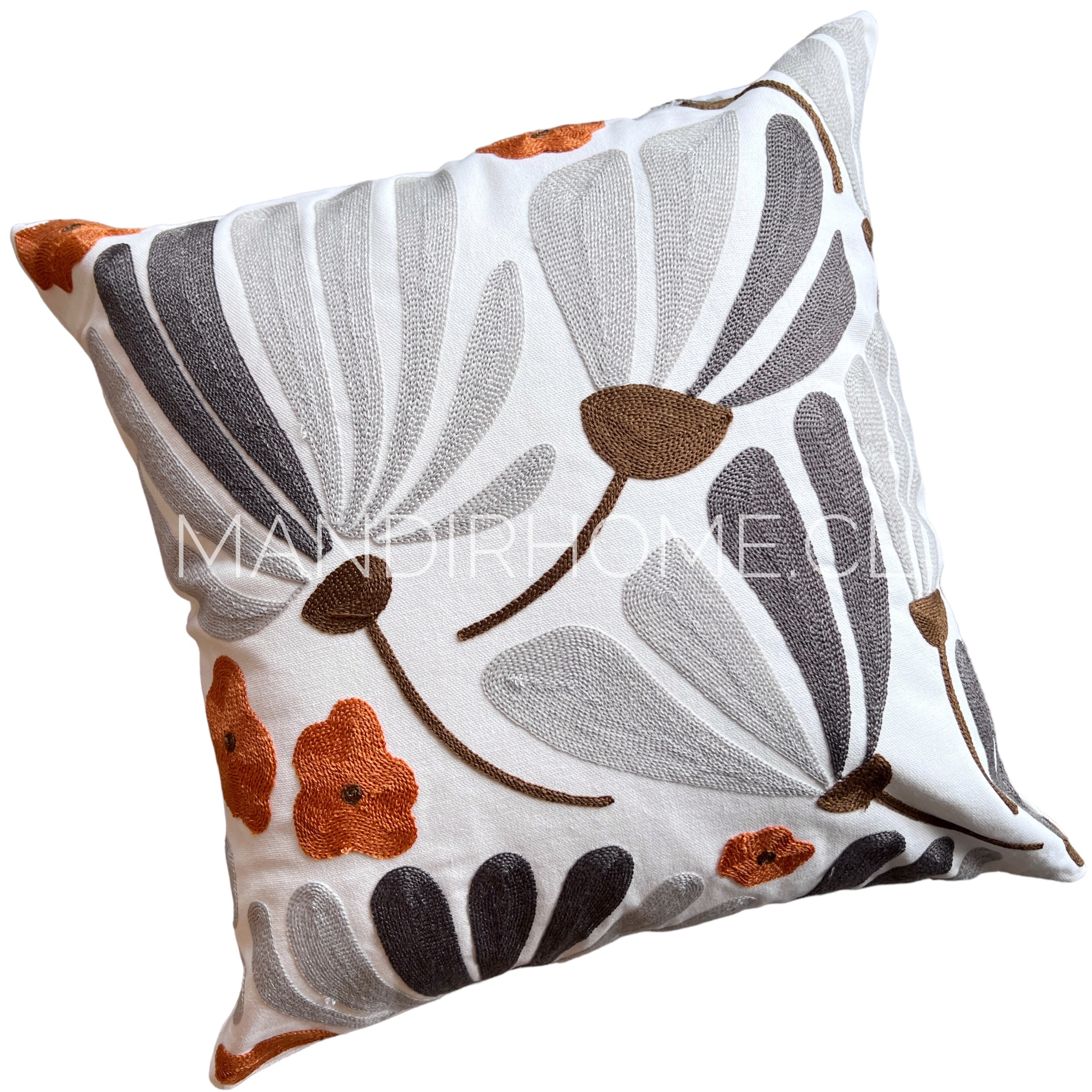 Funda de Cojín Bordado Flor Grande Gris Terracota Café 45x45cms