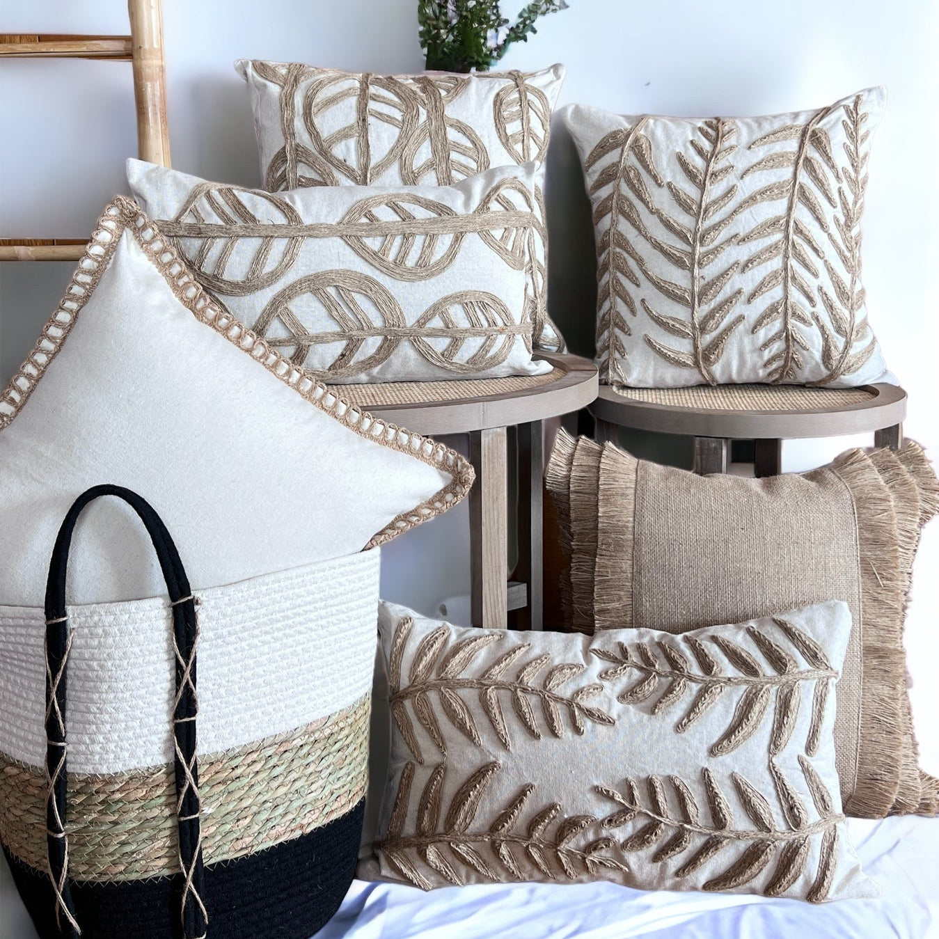 Funda de Cojín Natural Rústico Yute Hoja Alargada Rectangular