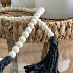 Cuentas Madera Natural Con Borlas De Algodón Negro