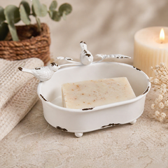 Jabonera de Hierro Blanca con Pajarito 13x6,5 cm | Estilo Vintage para Baño - Mandir Home