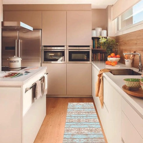 Alfombra Vinílica Vintage Madera Azul Menta 100X70cms