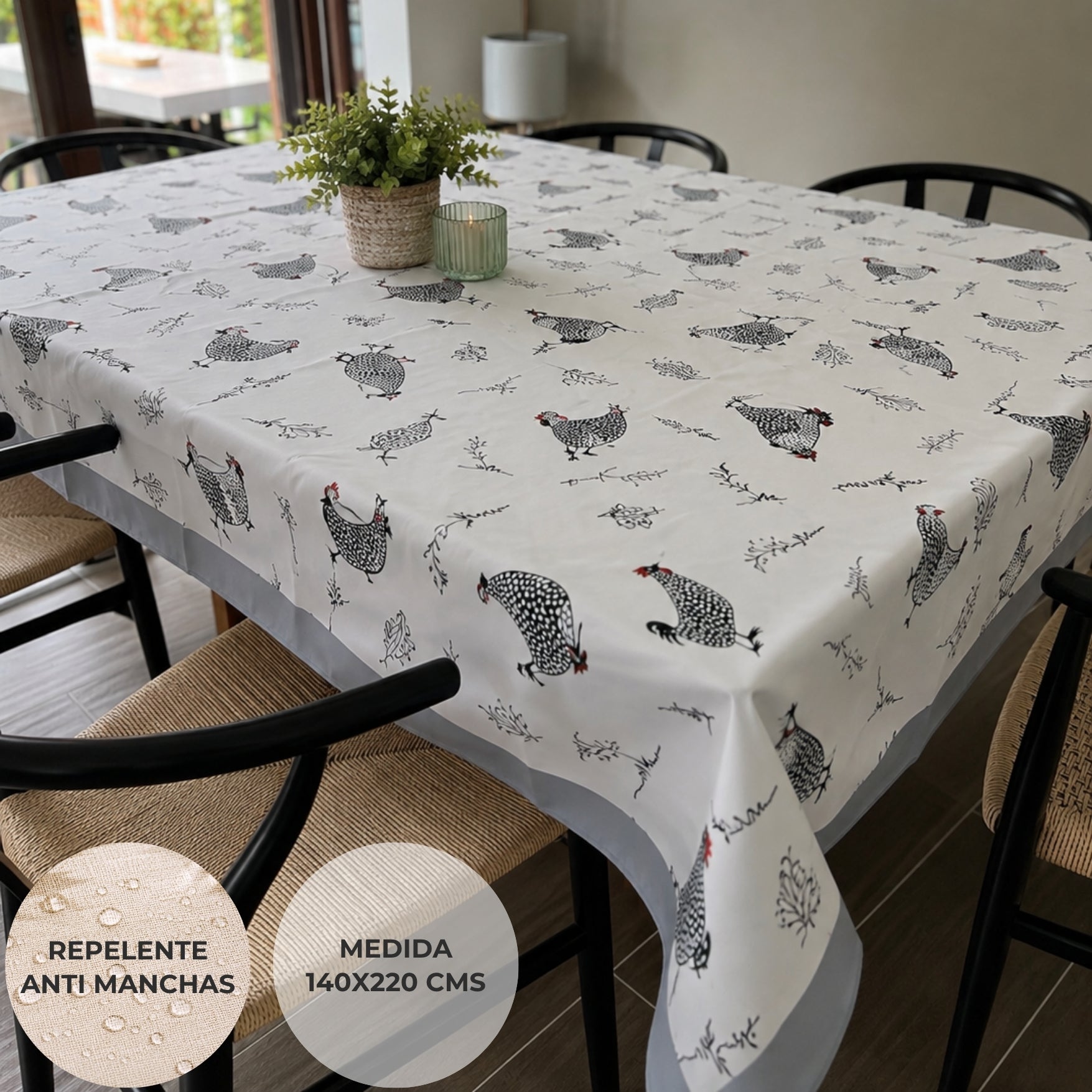 Mantel antimanchas 220X140cms Gallinas | lavable y sin plancha