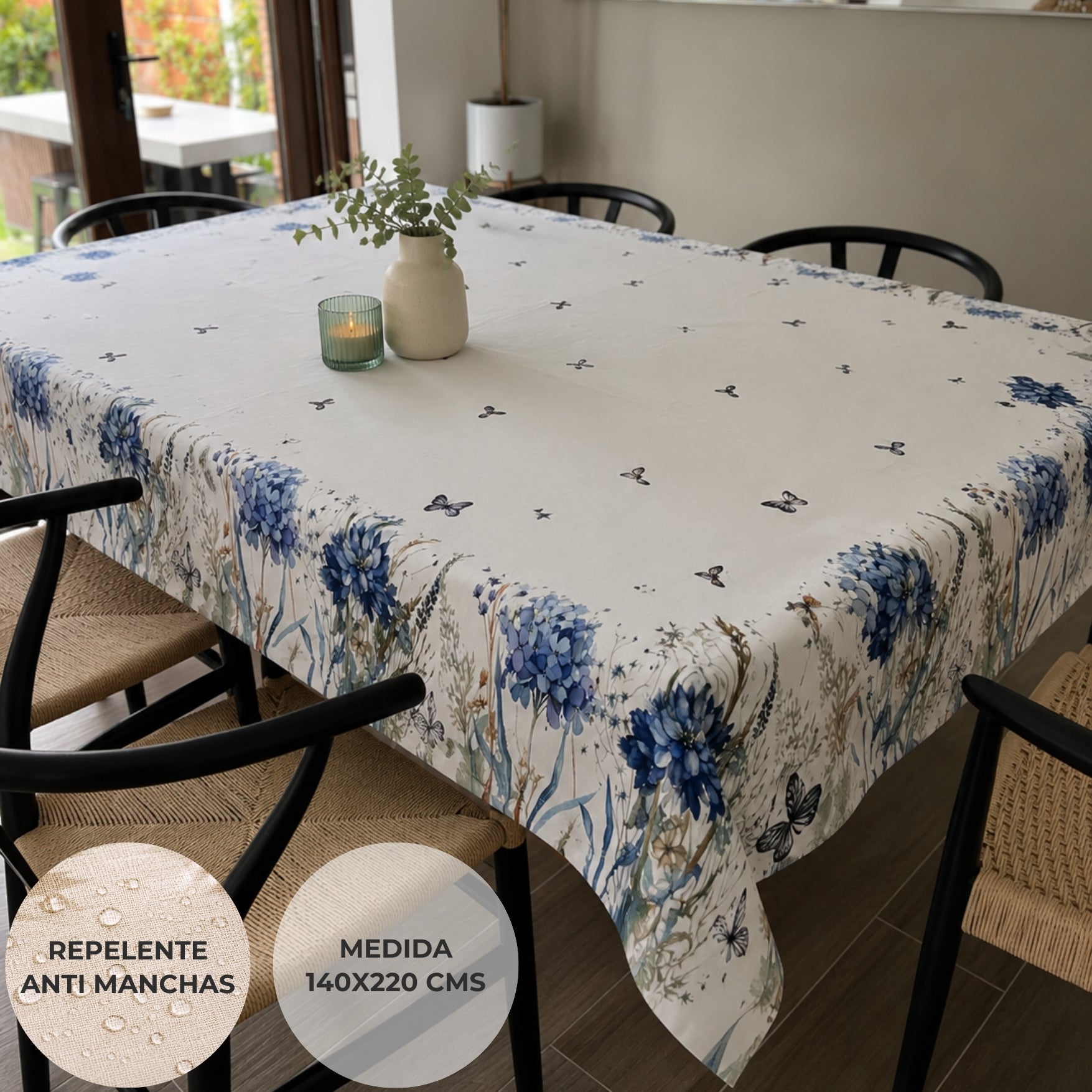 Pack Mesa Lista Hortensia · Mantel + 6 Individuales + 20 Servilletas GRATIS