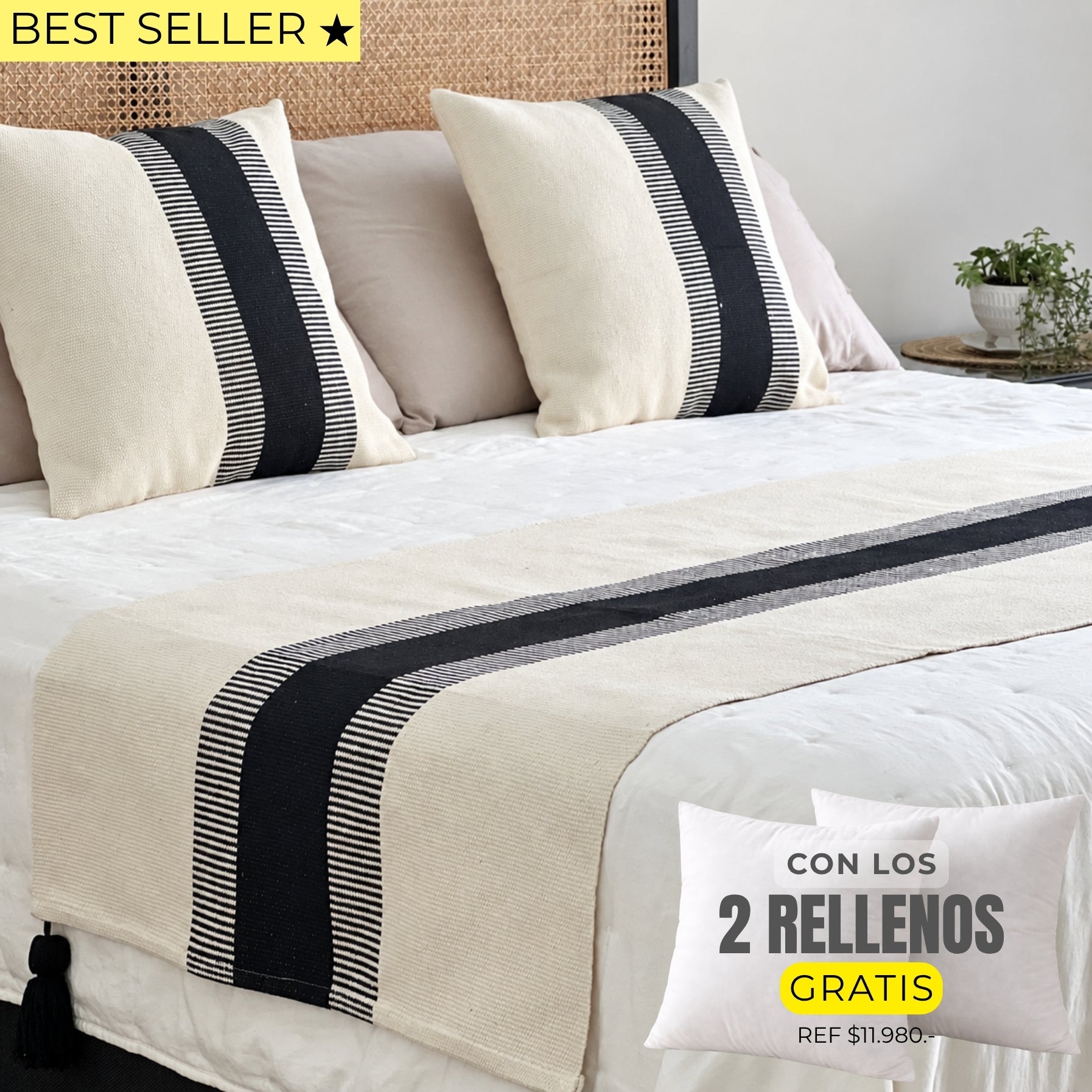 Set piecera trama negro franja 210x70 + 2 fundas de cojín 50x50 + rellenos gratis