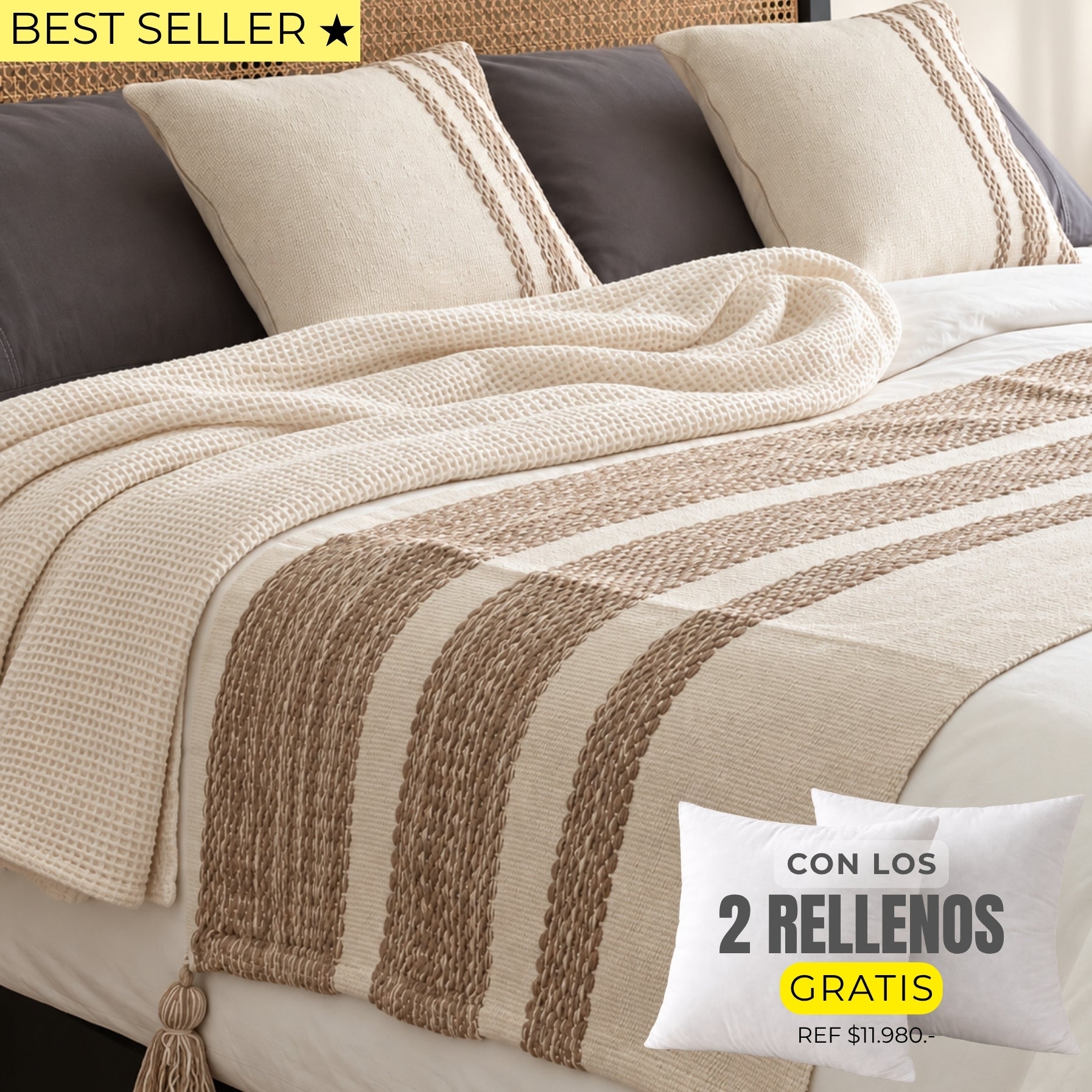 Set piecera Siena beige 210x70 + 2 fundas de cojín + rellenos gratis