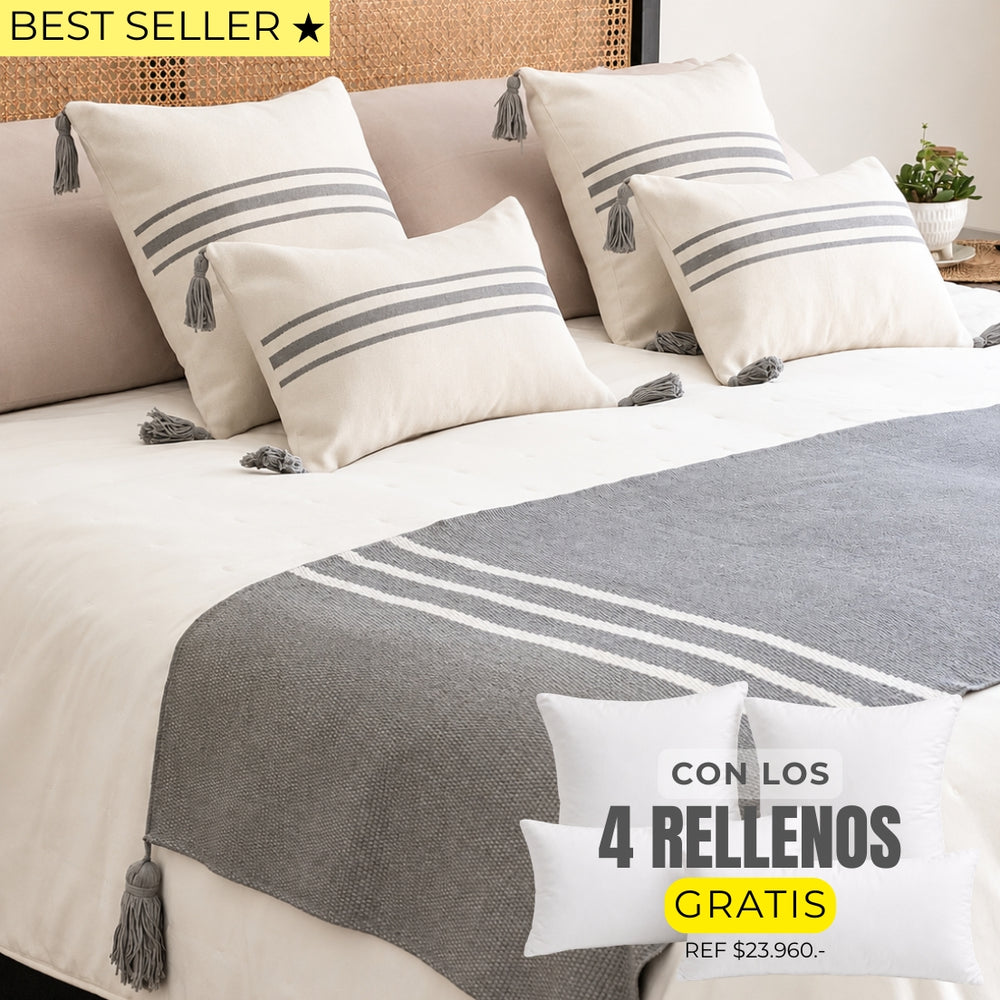 Set piecera marsella gris 210x70 + 4 fundas de cojín + rellenos gratis - Mandir Home