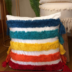 ¡Queda 1! Funda de Cojín Boho Líneas Arcoiris Multicolor Borlas Cuadrado